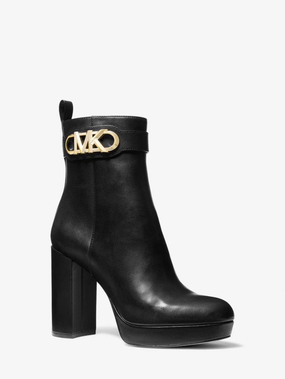 Michael Kors Black Leather Platform Ankle Boots with Gold MK Accent - Picture 3 of 8